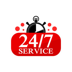 Sticker - 24 7 Service Icon. Banner 24 hours a day open. 24-7 open, concept with timer isolated on white background