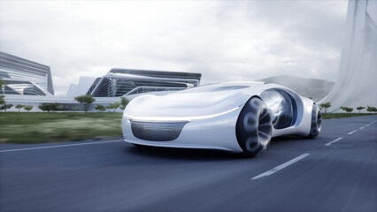 Futuristic electric car very fast driving on highway. Futuristic city concept. 3d rendering.