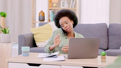 Aufkleber - Business woman and professional entrepreneur talking on phone while remote working on laptop at home. Freelancer answering a call to chat, network and consult with clients while writing notes