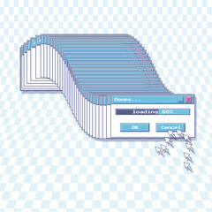 Fototapete - A frozen download window and a frozen computer mouse arrow. Retro screen. Nostalgic y2k aesthetics of the user interface of an old computer. Vector illustration on a blue checkered background.