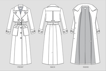 women's designer trench coat technical flat sketch