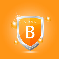 Vitamin B shield with orange atom circle bubbles surround. Protect body stay healthy. Medical scientific concept. For nutrition products food.  Vector illustration 3D. Natural extracts.