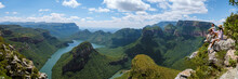 Panorama Route South Africa, Blyde River Canyon With The Three Rondavels, View Of Three Rondavels And The Blyde River Canyon In South Africa. Asian Women And Caucasian Men On Vacation In South Africa
