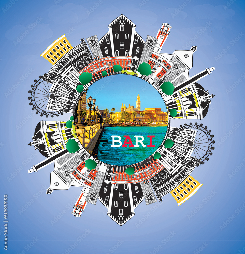 silhouette monuments city of Bari, Apulia. Vector illustration of some ...