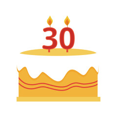 Poster - Birthday cake with burning candles semi flat color vector object. Anniversary. Full sized item on white. Holiday simple cartoon style illustration for web graphic design and animation