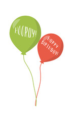 Poster - Air balloons with Hooray and Happy Birthday words semi flat color vector object. Full sized item on white. Party simple cartoon style illustration for web graphic design and animation
