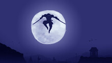 Silhouette Illustration Of A Samurai Jumping Between Roofs Using 2 Katanas With Moon Behind Him Painting Illustration Style
