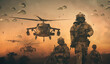 © Meysam Azarneshin - Military and helicopter troops on the way to the battlefield in sunset.