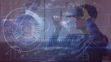 Poster - Animation of digital screen with data over caucasian man using vr headset