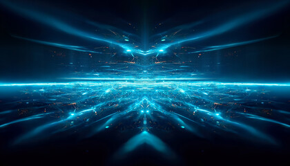 Abstract blue futuristic background, data center, data transfer, rays and lines, blue neon. Reflection of light in space. Dark futuristic empty scene. 3D illustration.