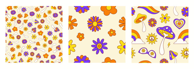 Poster - Retro set groovy seamless patterns with flowers and mushrooms on a light background. Vector illustration in style hippie 70s, 80s