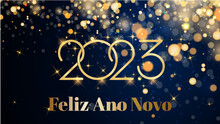 Cartão Ou Banner Em Um Feliz Ano Novo 2023 Em Ouro Sobre Um Fundo Gradiente Azul Escuro Com Círculos De Cor Ouro Branco E Transparente Em Efeito Bokeh