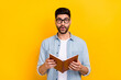 © deagreez - Photo of handsome astonished latin man impressed bad schedule management wear trendy denim look eyewear isolated on yellow color background