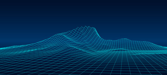 Poster - Landscaping of mountains. Abstract 3d wireframe cyberspace mesh. Vector illustration.