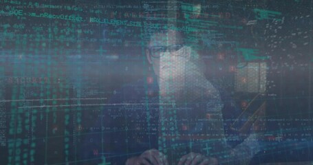 Poster - Animation of cyber security data processing over portrait of male hacker using laptop