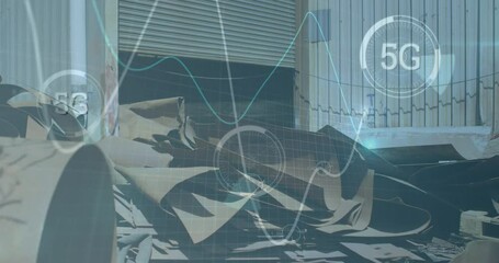 Poster - 5g text over multiple round scanners and graphs moving against scrap metal at junkyard