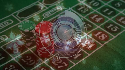 Wall Mural - Animation of neon ticking clock and snowflakes icons over stack of casino poker chips on a table