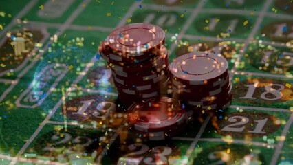 Poster - Animation of spots of light and colorful confetti over stack of casino poker chips on a table