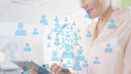 Poster - Animation of network of profile icons over caucasian female teacher using digital tablet at school