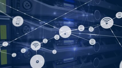Poster - Animation of wireless network icons connecting with lines against computer server