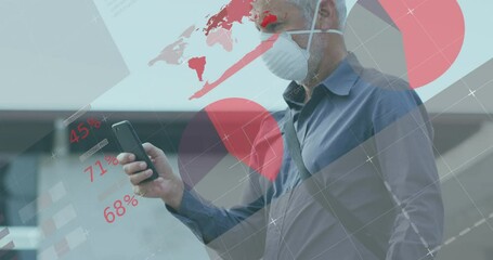 Poster - Animation of data processing over caucasian men wearing face mask using smartphone