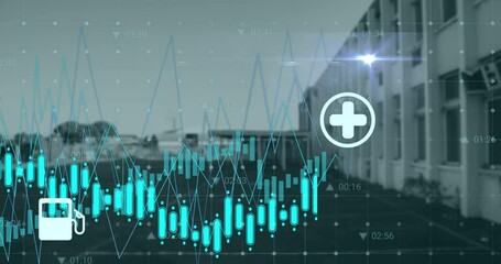 Poster - Animation of financial graphs and icons over building