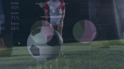 Poster - Animation of graphs and financial data over legs of male soccer player with ball on field