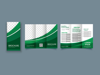 Wall Mural - Green trifold brochure with waves. professional trifold brochure template, promotional brochure template