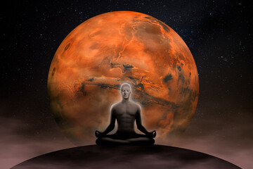 Wall Mural - man meditating in front of the mars planet