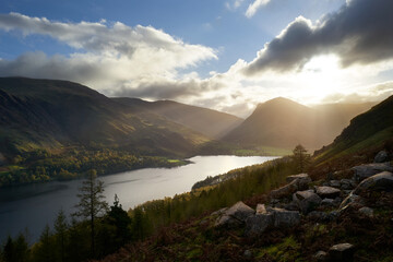 Sticker - Looking across to Fleetwith Pike and Dale Head at sunrise from above Buttermere and below Red Pike in the Autumn in the Lake District, UK.