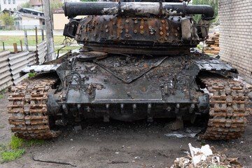 A close-up of a destroyed Russian tank during the military invasion of Ukraine. Ukraine war