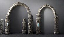 Architectural Arches With Stone Columns, Ancient Gates For Interior Or Exterior With Columns, Decorative Frames Of Palace Or Castle Arches Isolated On A Gray Background. 3D Illustration