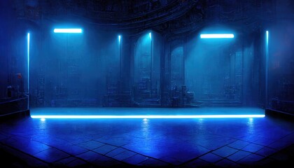 Poster - Night view, neon reflection on the concrete floor. Abstract neon light corridor background. Empty stage Room Corridor.  3d artwork