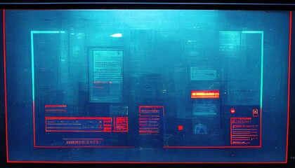 Fototapete - The pop-up screen of the computer warning about the hacking of the system, the compromised software environment is neon blue. A warning screen about near the system, 3D rendering