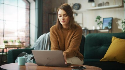 Aufkleber - Portrait of Smiling Young Woman Working from Home on Laptop Computer in Sunny Cozy Apartment. Successful Creative Girl Entrepreneur Does Remote for e-Business Project, Online Shopping. Arc Shot