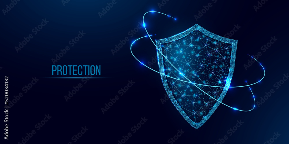 Guard shield. Cyber security concept with glowing low poly shield on dark blue background. Wireframe low poly design. Abstract futuristic vector illustration