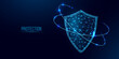 Guard shield. Cyber security concept with glowing low poly shield on dark blue background. Wireframe low poly design. Abstract futuristic vector illustration