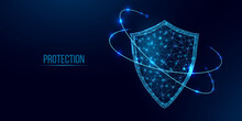 Guard Shield. Cyber Security Concept With Glowing Low Poly Shield On Dark Blue Background. Wireframe Low Poly Design. Abstract Futuristic Vector Illustration