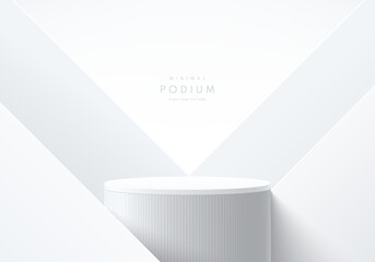 Wall Mural - realistic white, gray 3d cylinder stand podium with triangle overlap background. vector luxury geome