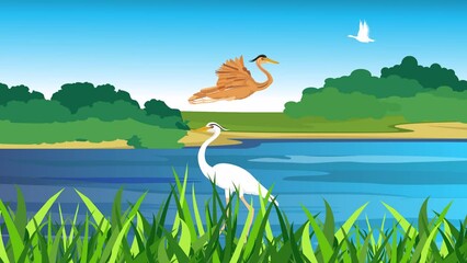 Wall Mural - Animation of a flying heron on a lake bacground
