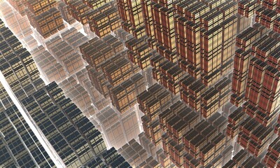 3d structure of gold bars in foggy falling composition. Abstract concept of urban pattern, micro or macro perspective of global net. May be computer component or industrial abstract model of space.