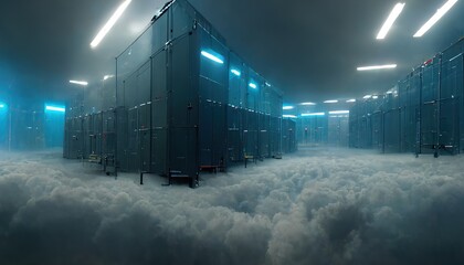 Poster - A futuristic server room hovers above the clouds, a cloud storage concept. Network and internet communication technology concept, data center interior, server racks telecommunication. 3D rendering