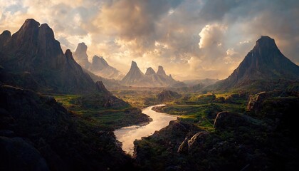 Fototapete - Mountain river flows through a fantasy landscape gorge. Mountain landscape, picturesque mountain lake. Fabulous nature, amazing seascape. 3D Illustration