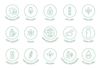 Leinwandbilder - Vegan, organic cosmetic line icons. Natural food. Skincare pictogram. Product free allergen label. GMO free emblem. Biodegradable sticker. Healthy eating. Handmade ecology symbol. Vector illustration