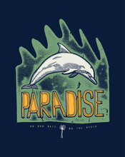 Dolphin Paradise. Dolphin Jumping On Waves. Distressed Silkscreen Summer T-shirt Print Vector Illustration.