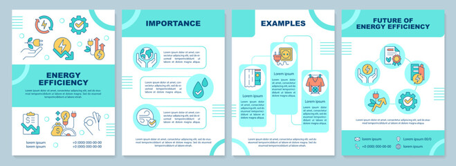 Energy efficiency turquoise brochure template. Leaflet design with linear icons. Editable 4 vector layouts for presentation, annual reports. Arial-Black, Myriad Pro-Regular fonts used