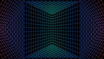 Poster - Geometric grid background with neon colored 80s styled mesh. Synthwave or retrowave abstract background with retro computer grid.