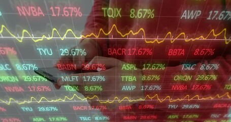 Poster - Animation of financial data and graphs over hands of caucasian man using smartphone