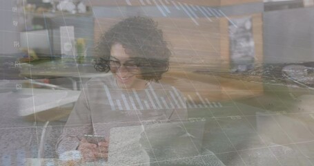 Poster - Animation of financial data and graphs over happy biracial man using smartphone