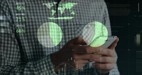 Poster - Animation of financial data and graphs over hands of caucasian man using smartphone
